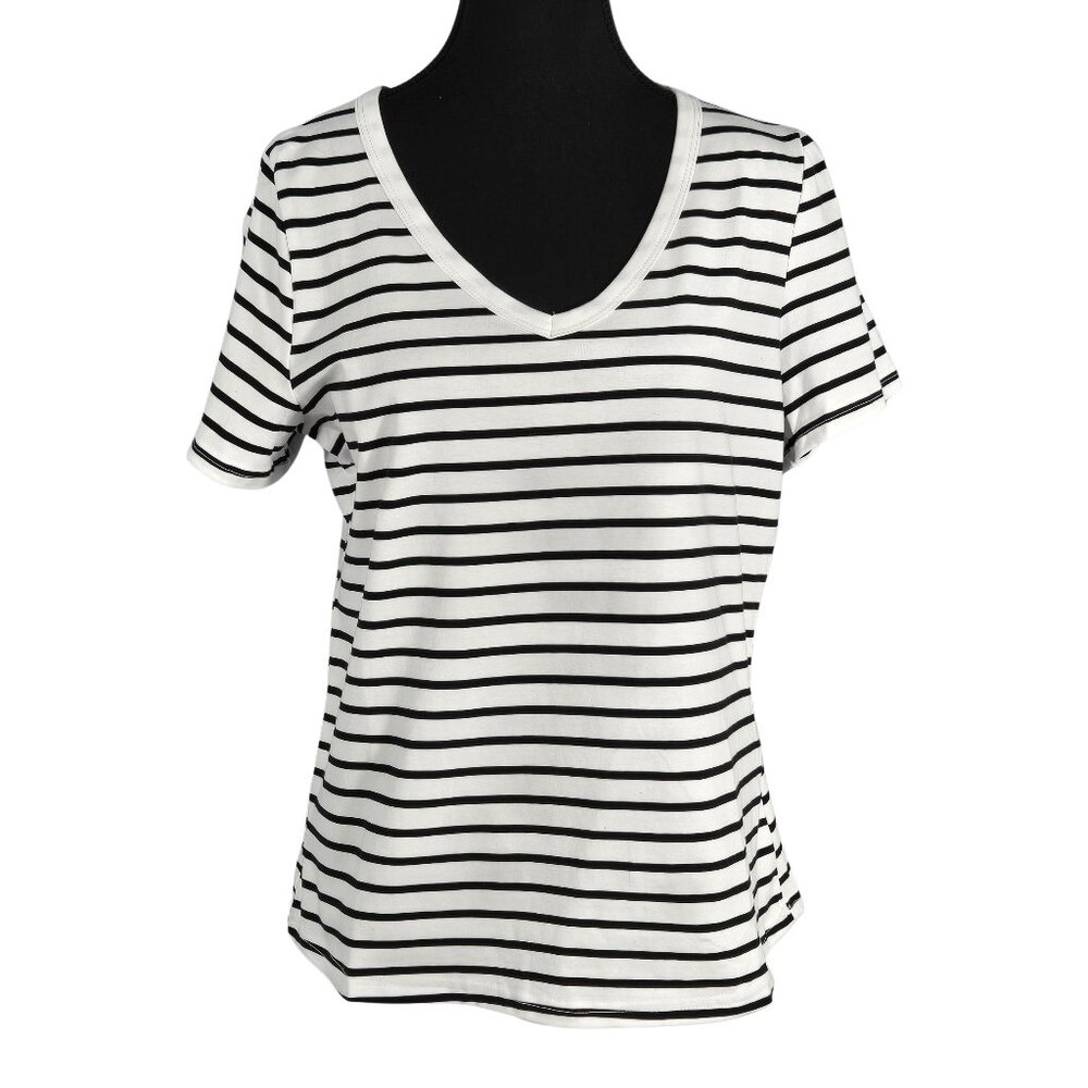 Women's Black & White Striped V-Neck Short Sleeve Tee